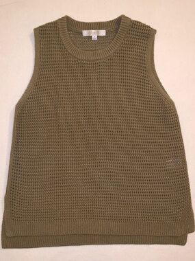 Anthropologie Flat White Sleeveless Sweater Top M Olive Green Knit Pullover
